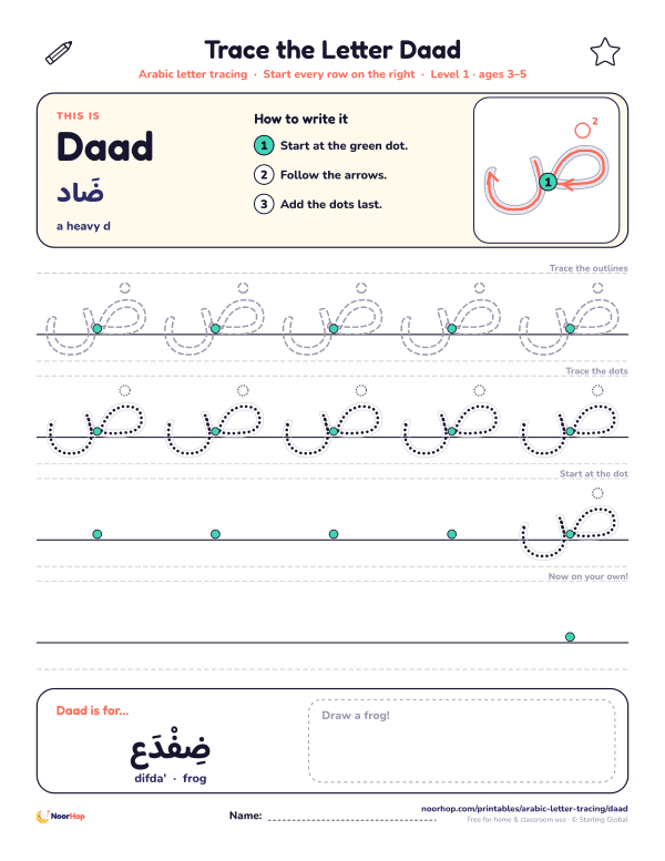 Arabic letter Daad (ض) tracing worksheet with outlined and dotted letters on right-to-left handwriting lines and a box to draw a frog