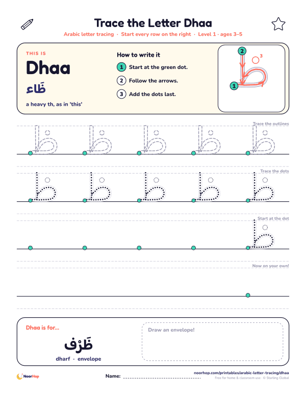 Arabic letter Dhaa (ظ) tracing worksheet with outlined and dotted letters on right-to-left handwriting lines and a box to draw an envelope