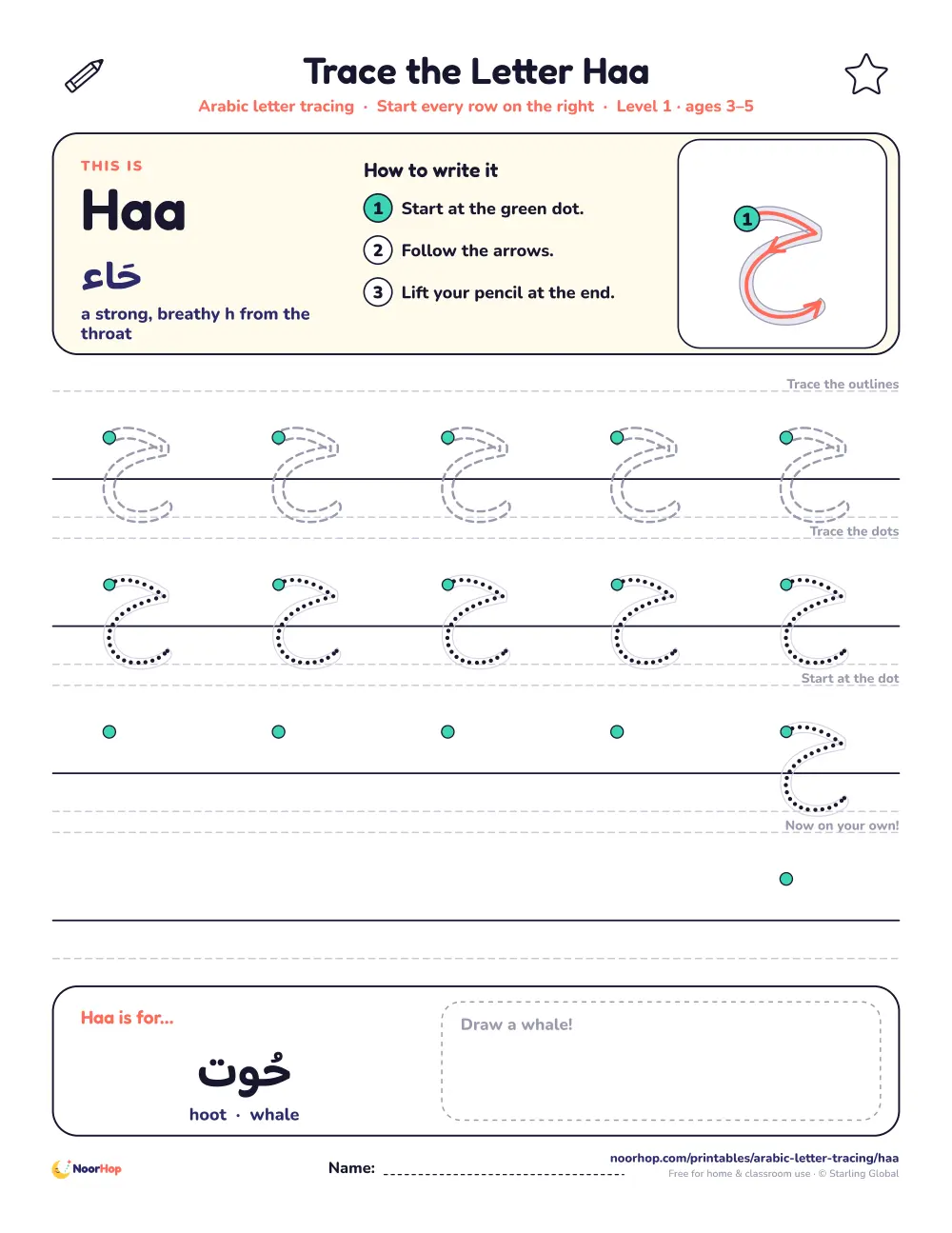 Arabic letter Haa (ح) tracing worksheet with outlined and dotted letters on right-to-left handwriting lines and a box to draw a whale