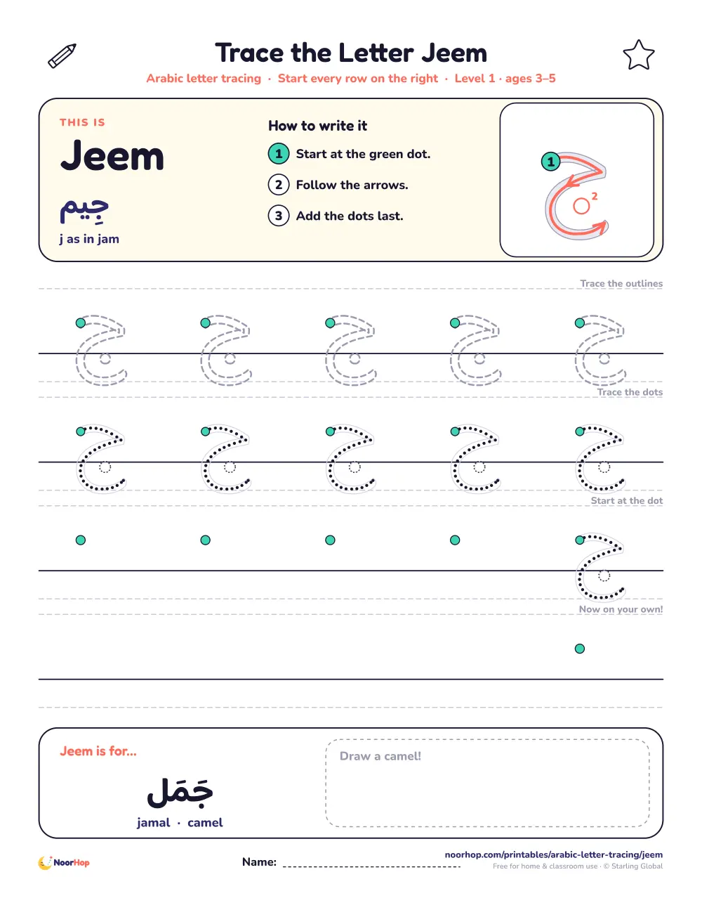 Arabic letter Jeem (ج) tracing worksheet with outlined and dotted letters on right-to-left handwriting lines and a box to draw a camel