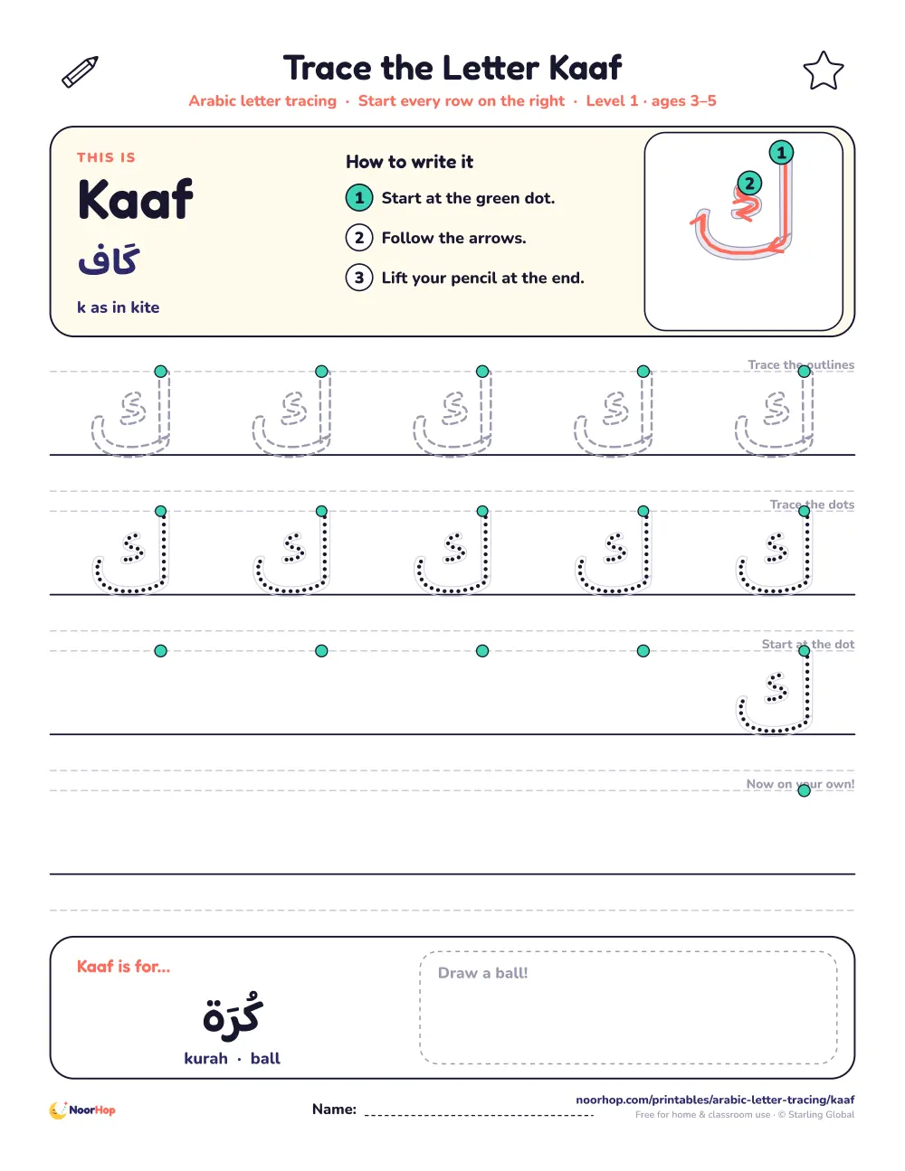 Arabic letter Kaaf (ك) tracing worksheet with outlined and dotted letters on right-to-left handwriting lines and a box to draw a ball