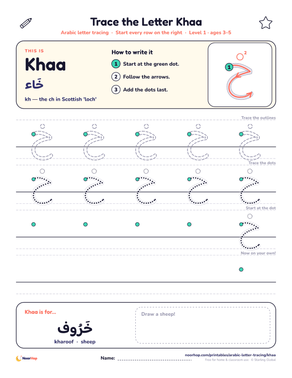 Arabic letter Khaa (خ) tracing worksheet with outlined and dotted letters on right-to-left handwriting lines and a box to draw a sheep