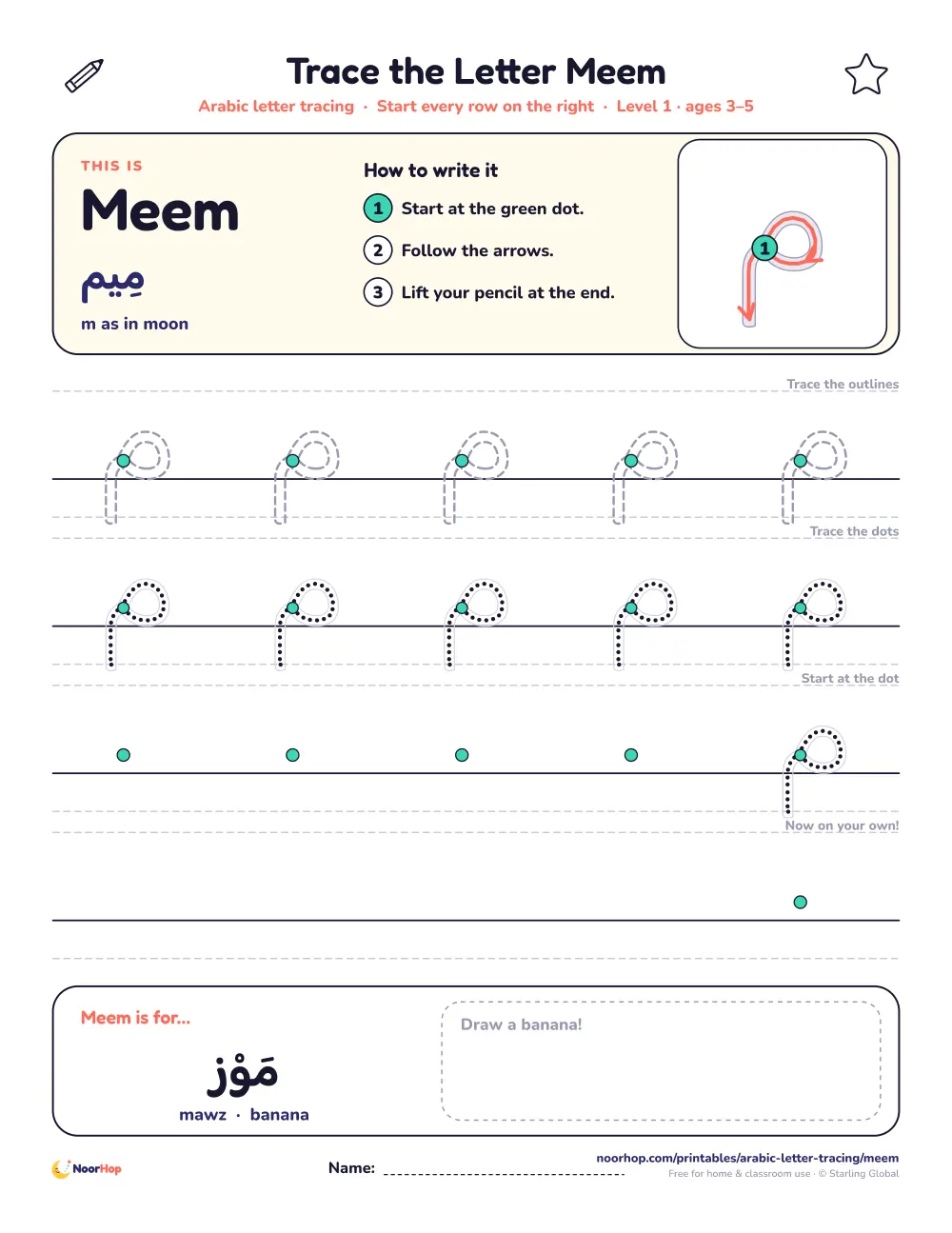 Arabic letter Meem (م) tracing worksheet with outlined and dotted letters on right-to-left handwriting lines and a box to draw a banana