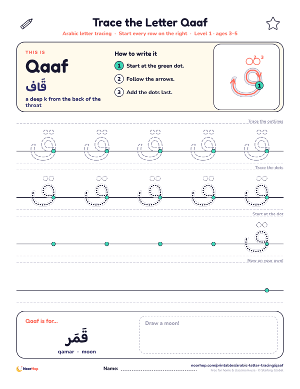 Arabic letter Qaaf (ق) tracing worksheet with outlined and dotted letters on right-to-left handwriting lines and a box to draw a moon