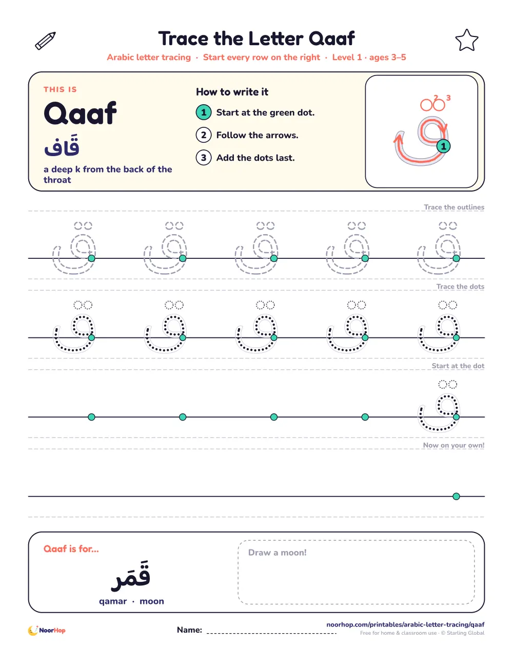 Arabic letter Qaaf (ق) tracing worksheet with outlined and dotted letters on right-to-left handwriting lines and a box to draw a moon