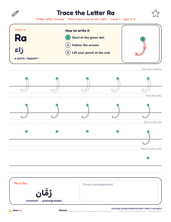 Arabic letter Ra (ر) tracing worksheet with outlined and dotted letters on right-to-left handwriting lines and a box to draw a pomegranate