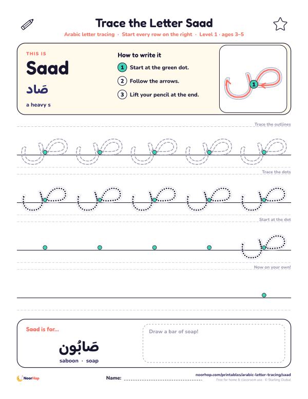 Arabic letter Saad (ص) tracing worksheet with outlined and dotted letters on right-to-left handwriting lines and a box to draw a bar of soap