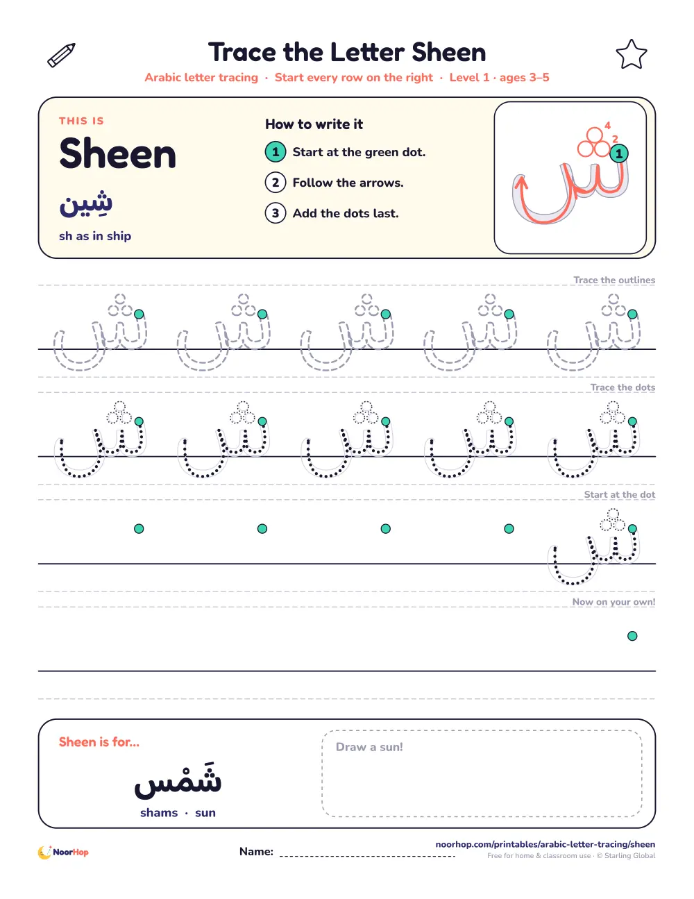 Arabic letter Sheen (ش) tracing worksheet with outlined and dotted letters on right-to-left handwriting lines and a box to draw a sun