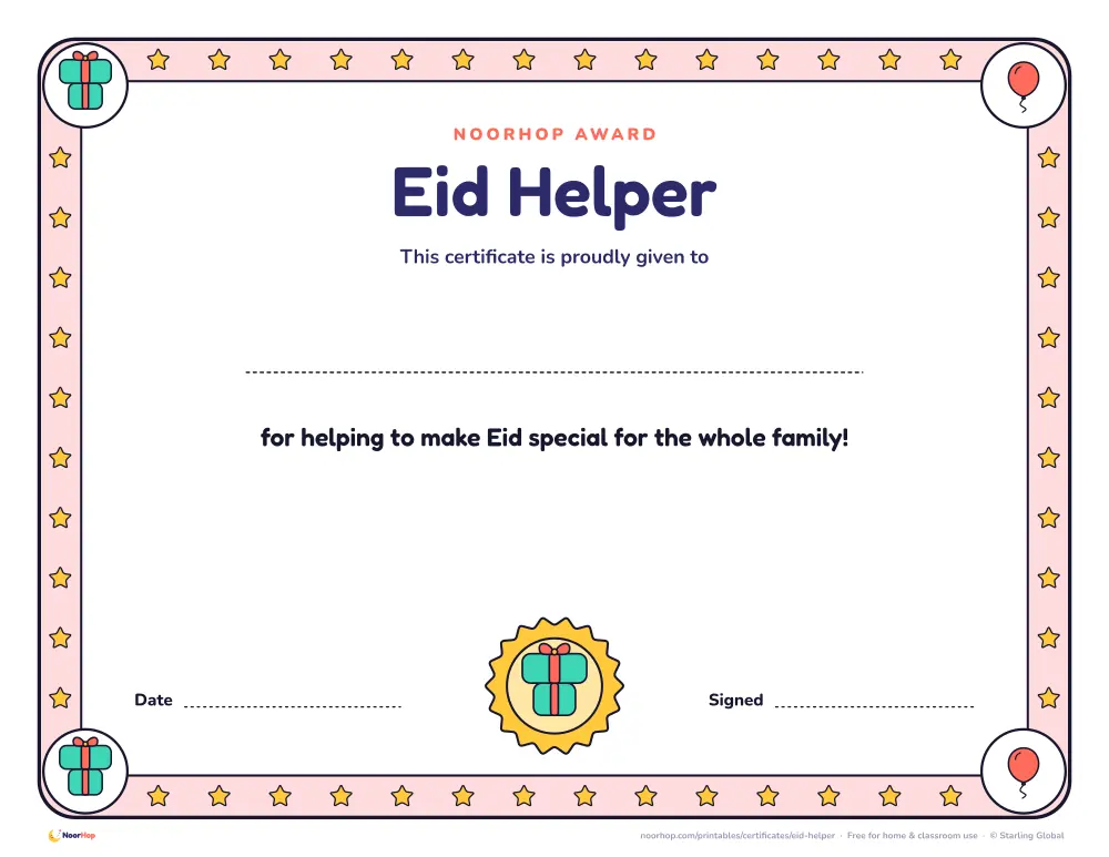 Eid Helper certificate — full-colour version