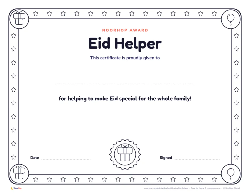 Eid Helper certificate for kids with a rosette badge, a line for the child's name and a decorative border to colour