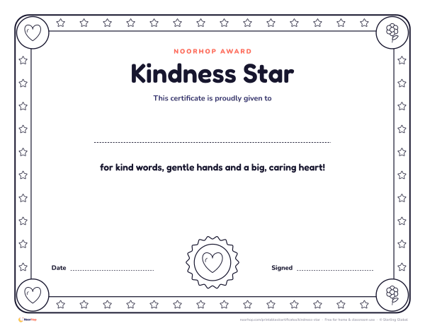 Kindness Star certificate for kids with a rosette badge, a line for the child's name and a decorative border to colour