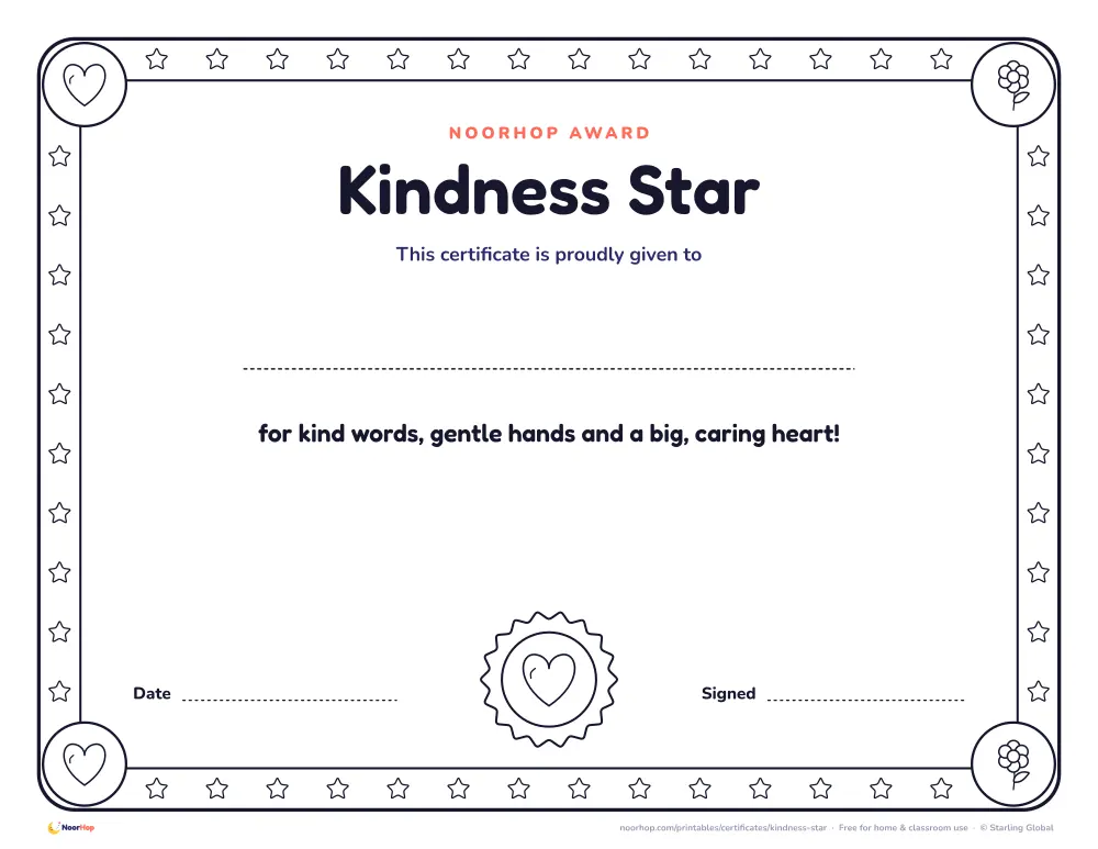 Kindness Star certificate for kids with a rosette badge, a line for the child's name and a decorative border to colour