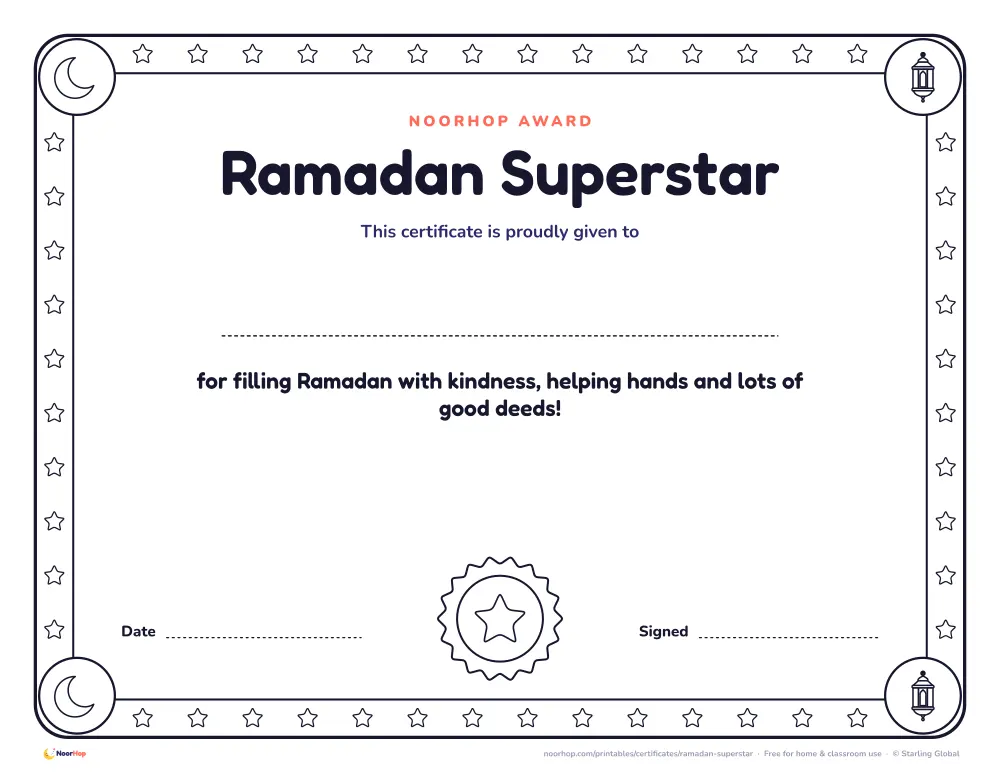 Ramadan Superstar certificate for kids with a rosette badge, a line for the child's name and a decorative border to colour