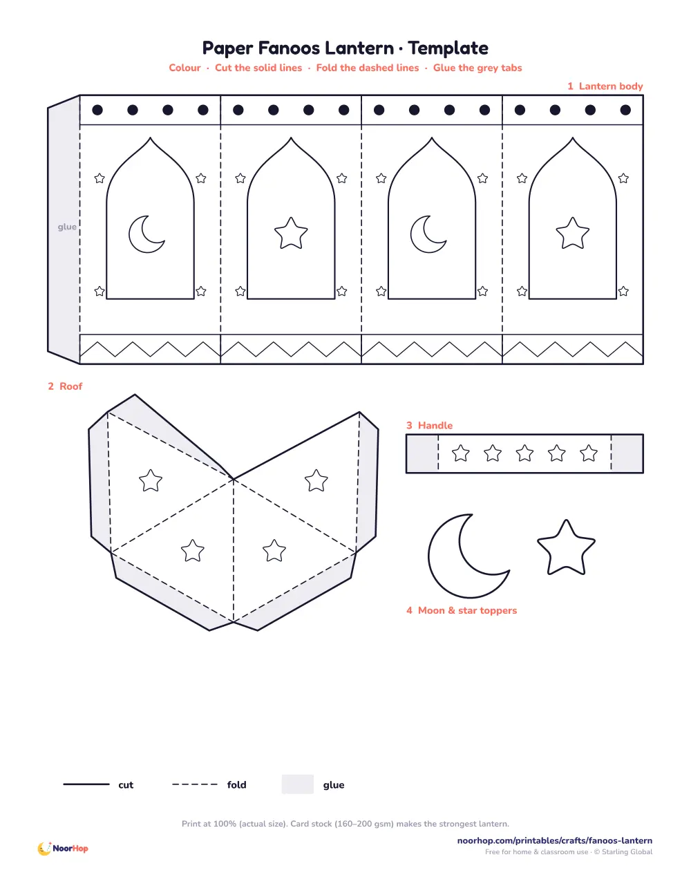 Printable paper fanoos Ramadan lantern template with arched windows, a roof piece and a handle strip