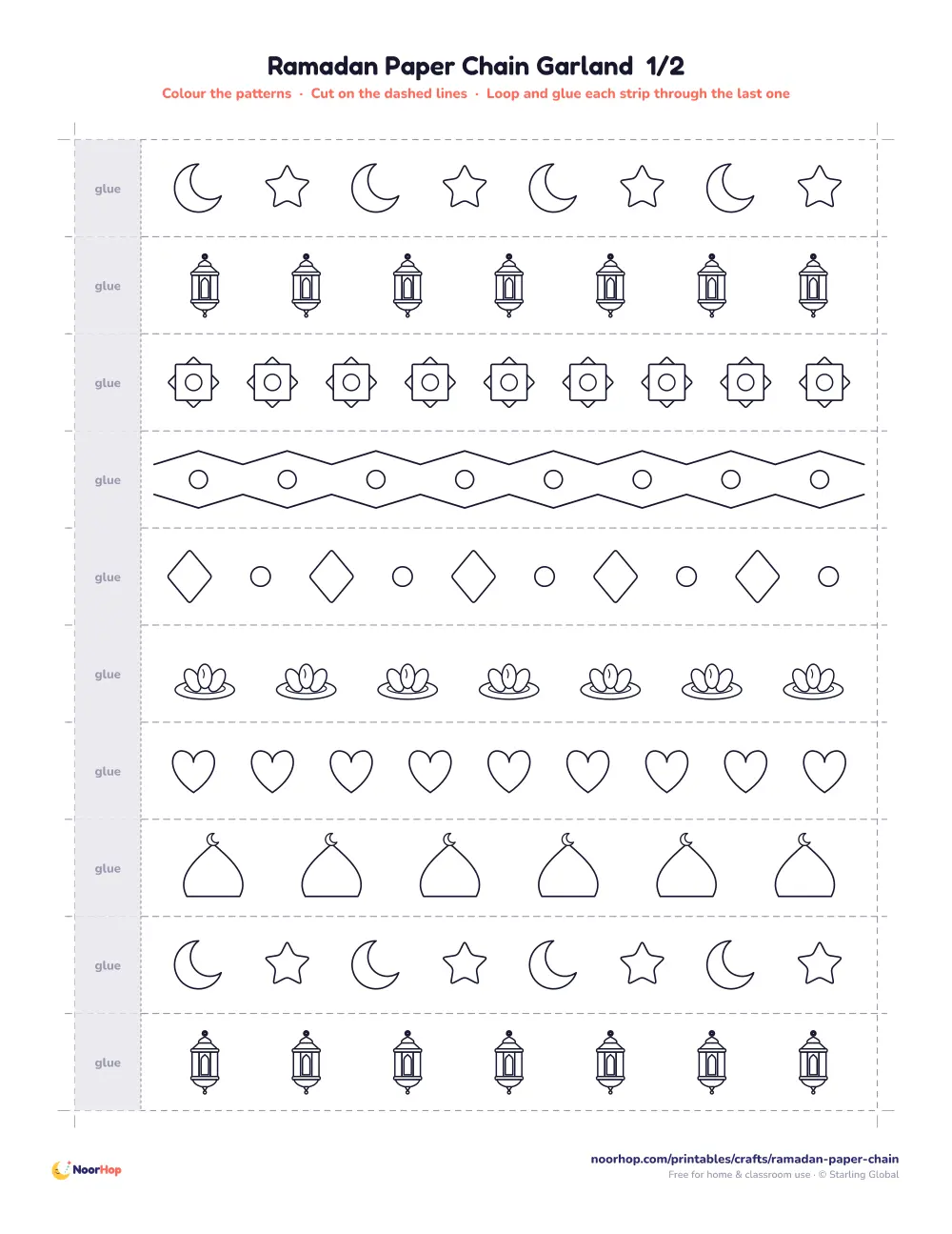 Ramadan paper chain garland printable with patterned strips of crescents, stars and lanterns to colour
