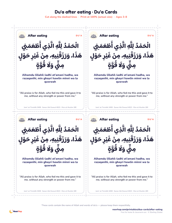 Du'a after eating printable cards for kids with the du'a in Arabic, transliteration and meaning