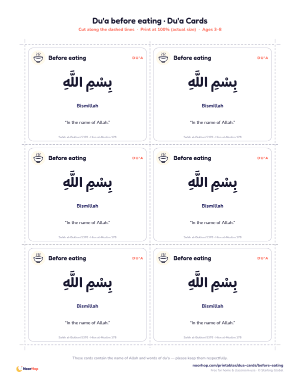 Du'a before eating printable cards for kids with the du'a in Arabic, transliteration and meaning
