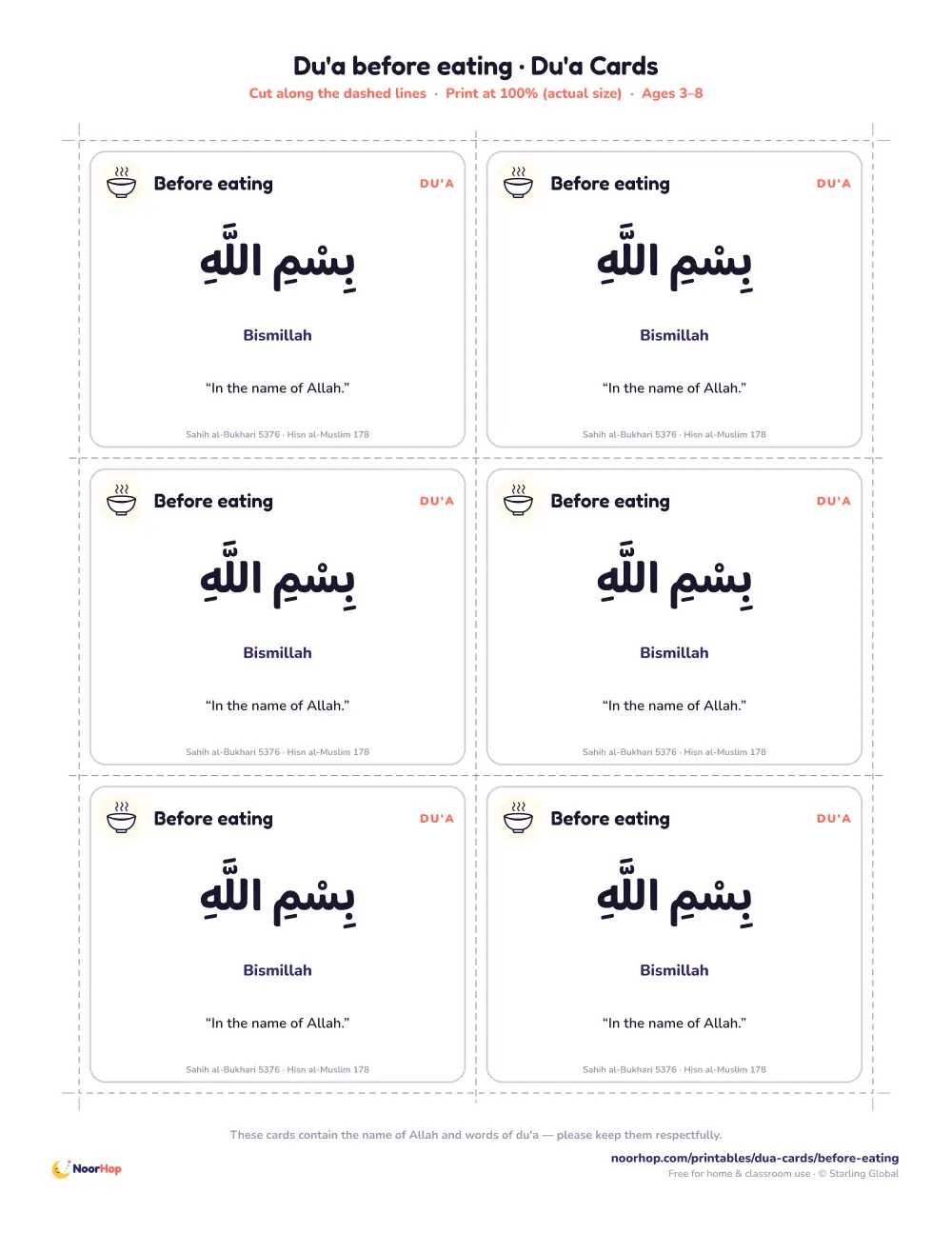 Du'a before eating printable cards for kids with the du'a in Arabic, transliteration and meaning