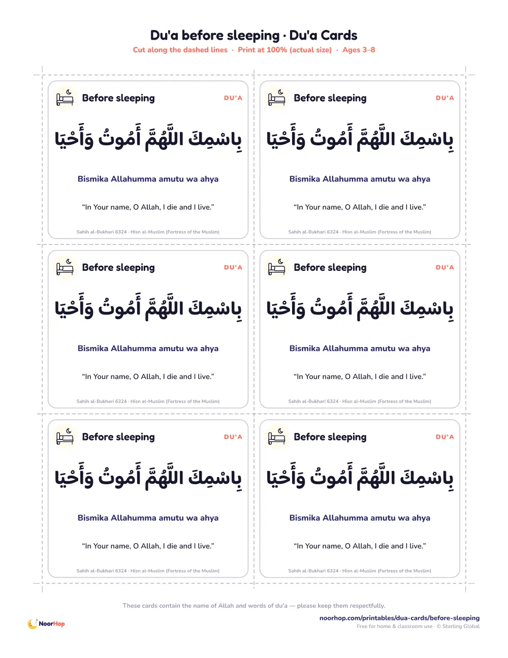 Du'a before sleeping printable cards for kids with the du'a in Arabic, transliteration and meaning