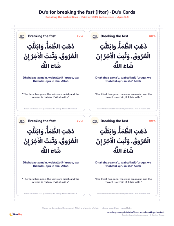 Du'a for breaking the fast (iftar) printable cards for kids with the du'a in Arabic, transliteration and meaning