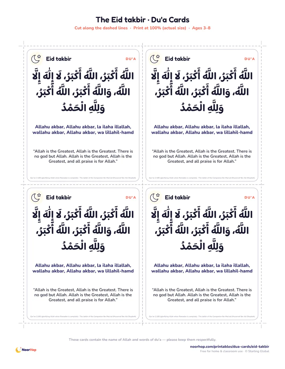 The Eid takbir printable cards for kids with the du'a in Arabic, transliteration and meaning