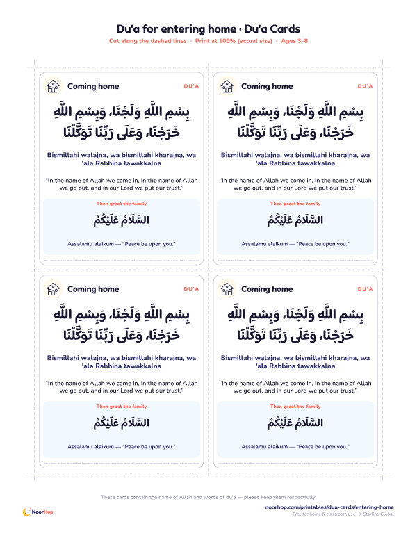 Du'a for entering home printable cards for kids with the du'a in Arabic, transliteration and meaning