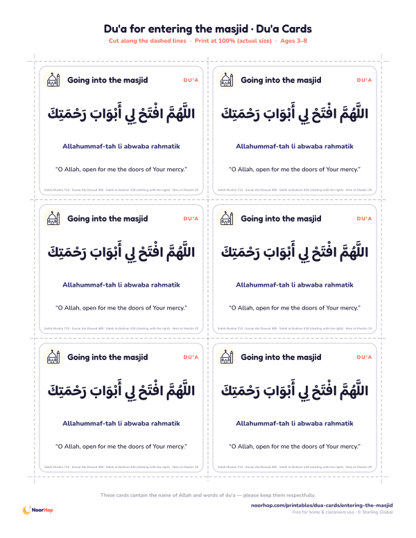 Du'a for entering the masjid printable cards for kids with the du'a in Arabic, transliteration and meaning