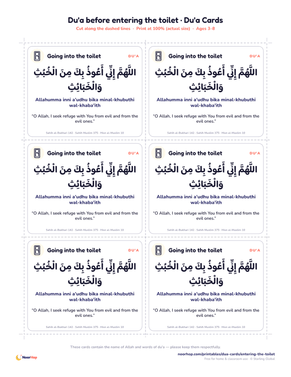 Du'a before entering the toilet printable cards for kids with the du'a in Arabic, transliteration and meaning