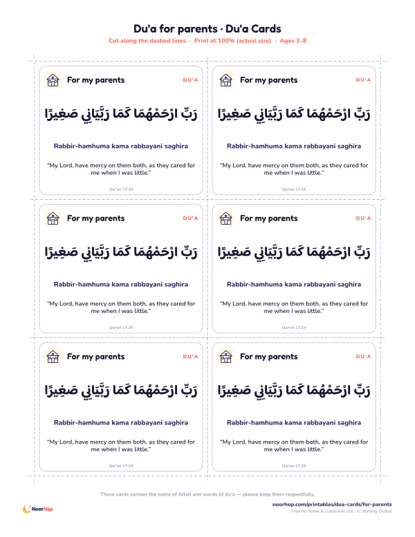 Du'a for parents printable cards for kids with the du'a in Arabic, transliteration and meaning