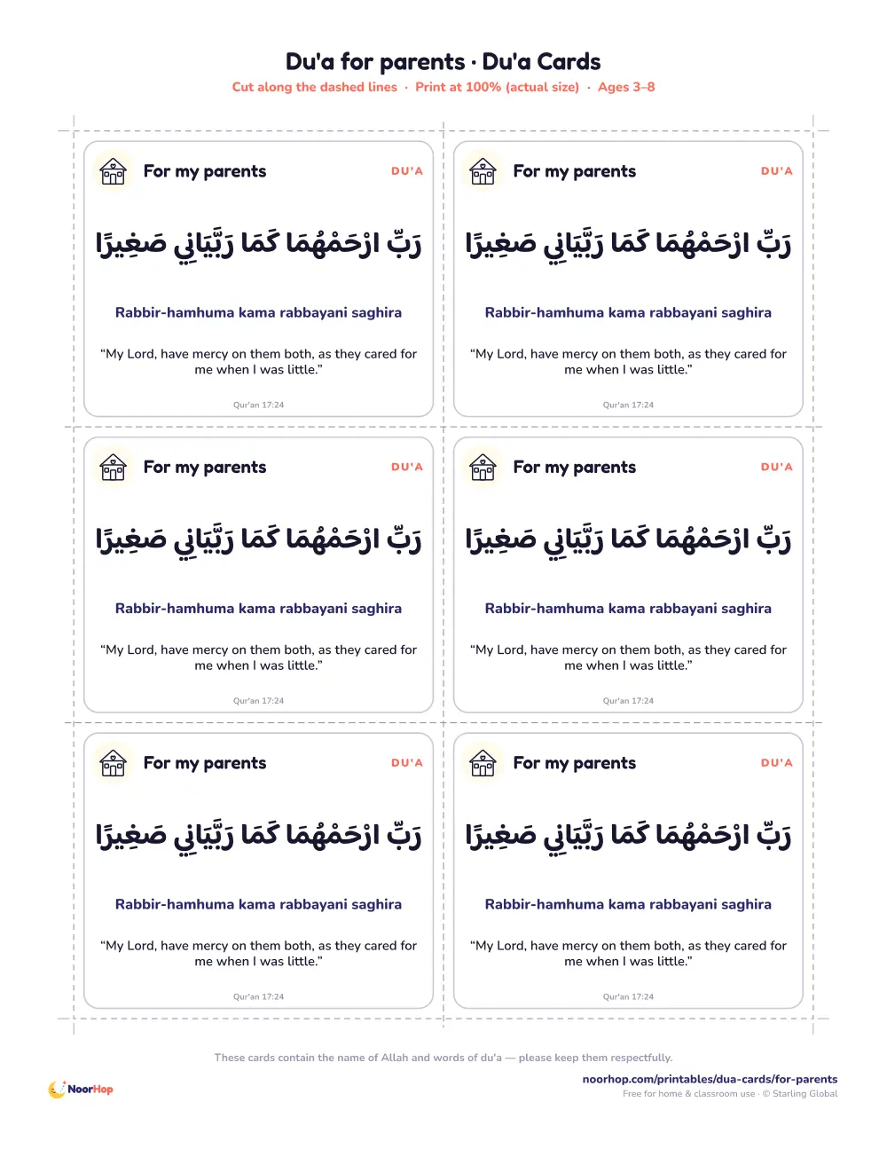 Du'a for parents printable cards for kids with the du'a in Arabic, transliteration and meaning