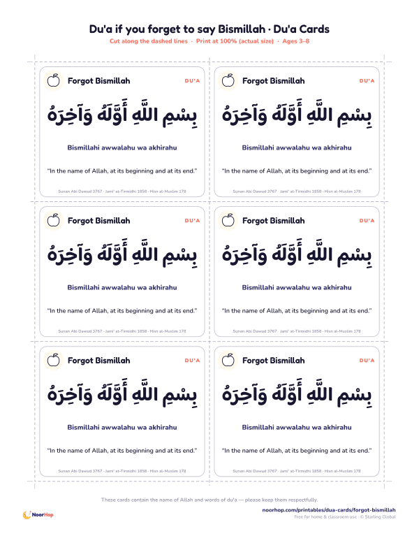 Du'a if you forget to say Bismillah printable cards for kids with the du'a in Arabic, transliteration and meaning