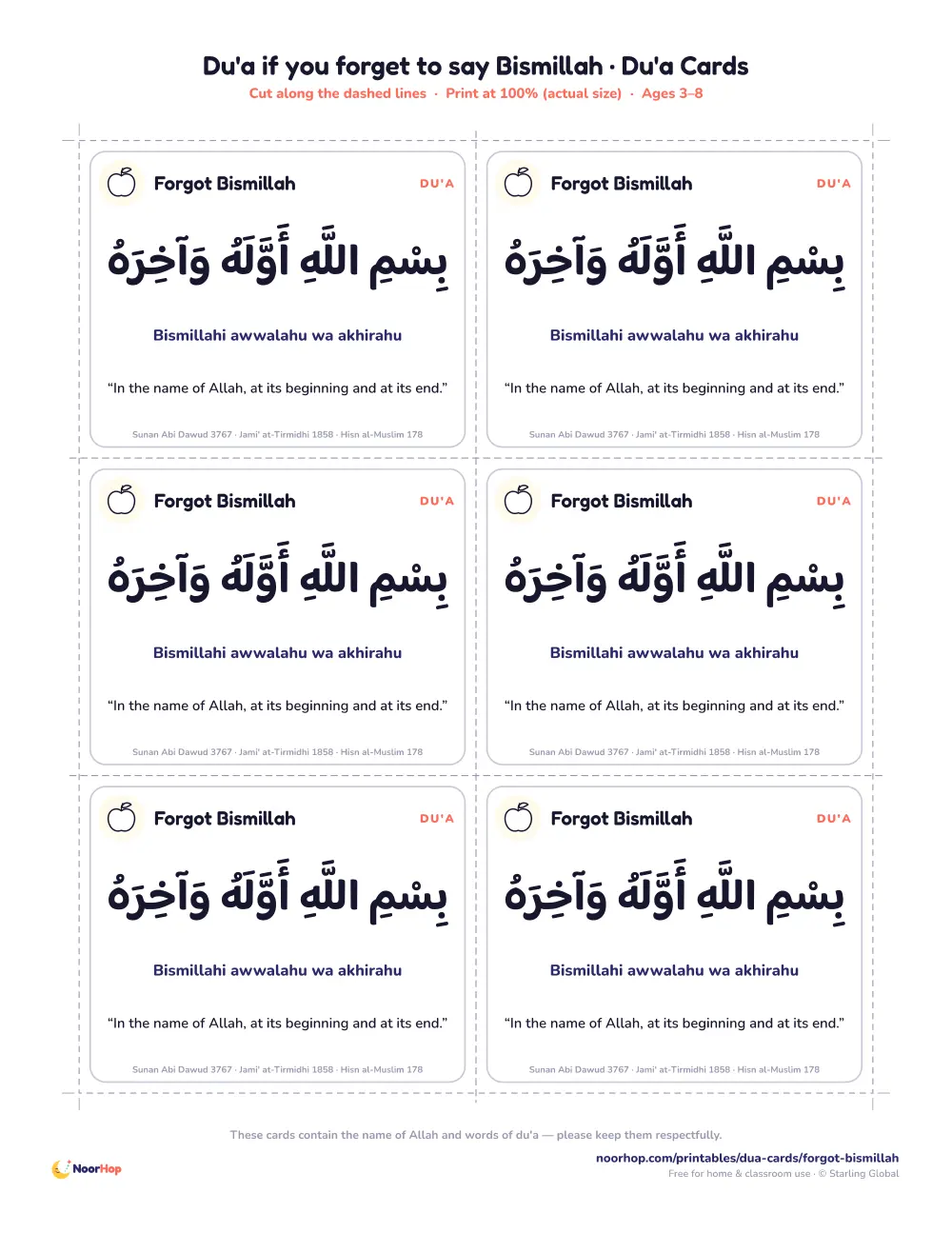 Du'a if you forget to say Bismillah printable cards for kids with the du'a in Arabic, transliteration and meaning