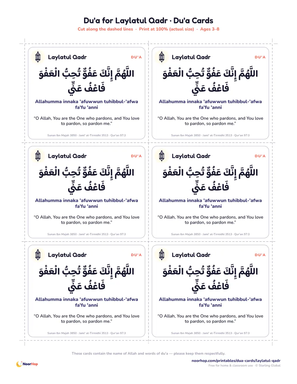 Du'a for Laylatul Qadr printable cards for kids with the du'a in Arabic, transliteration and meaning