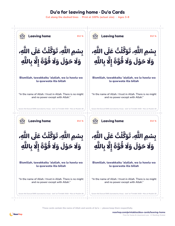 Du'a for leaving home printable cards for kids with the du'a in Arabic, transliteration and meaning