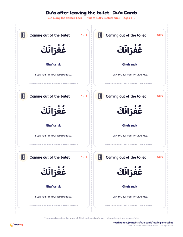 Du'a after leaving the toilet printable cards for kids with the du'a in Arabic, transliteration and meaning