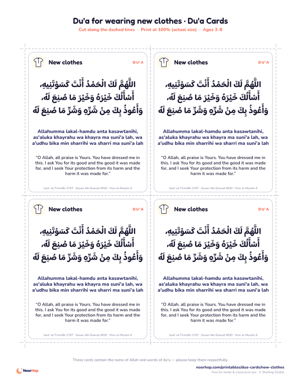 Du'a for wearing new clothes printable cards for kids with the du'a in Arabic, transliteration and meaning