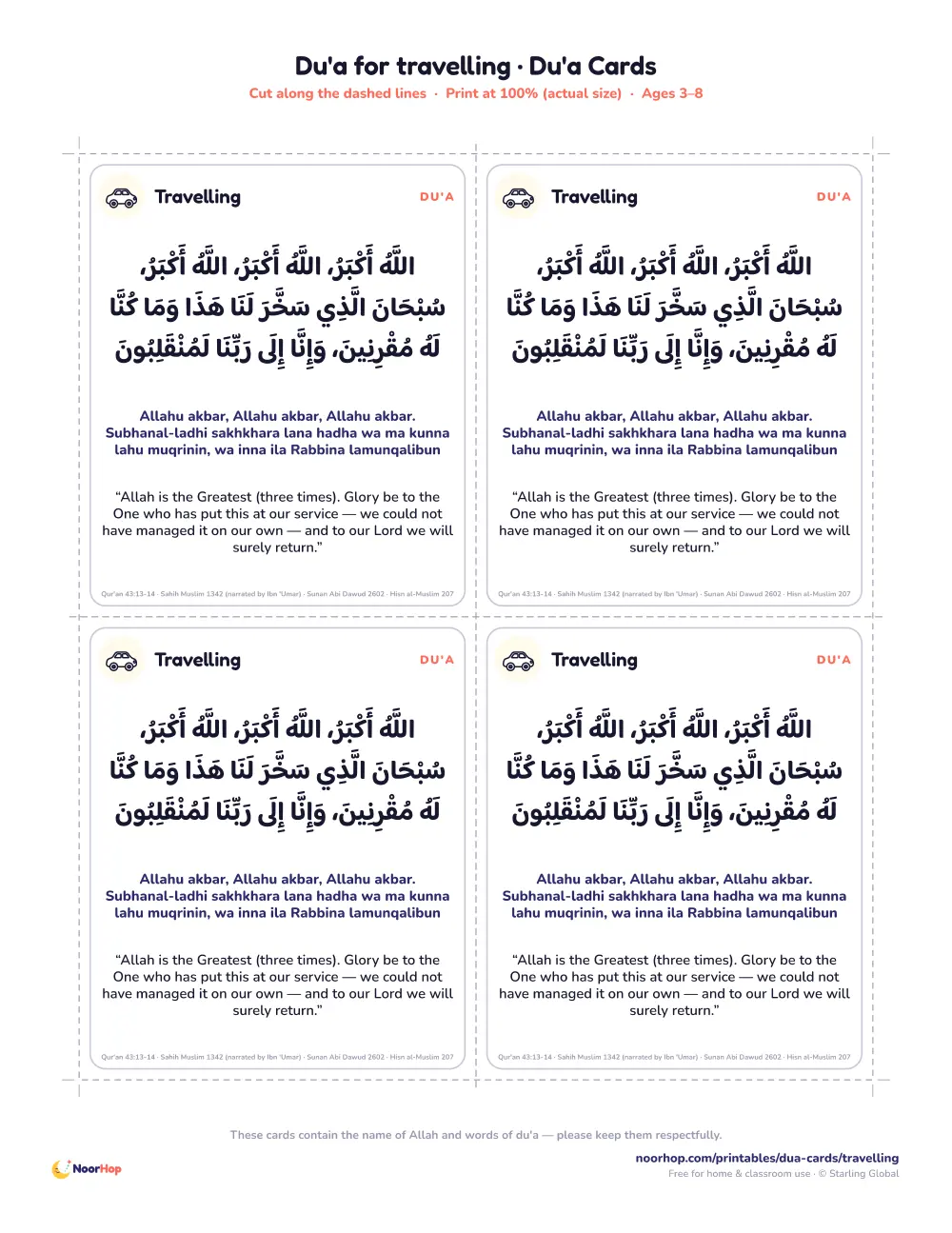 Du'a for travelling printable cards for kids with the du'a in Arabic, transliteration and meaning