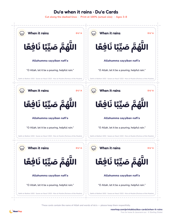 Du'a when it rains printable cards for kids with the du'a in Arabic, transliteration and meaning