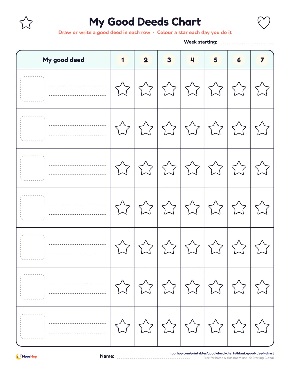 Blank good deeds chart template with seven empty rows, picture boxes and stars to colour for each day