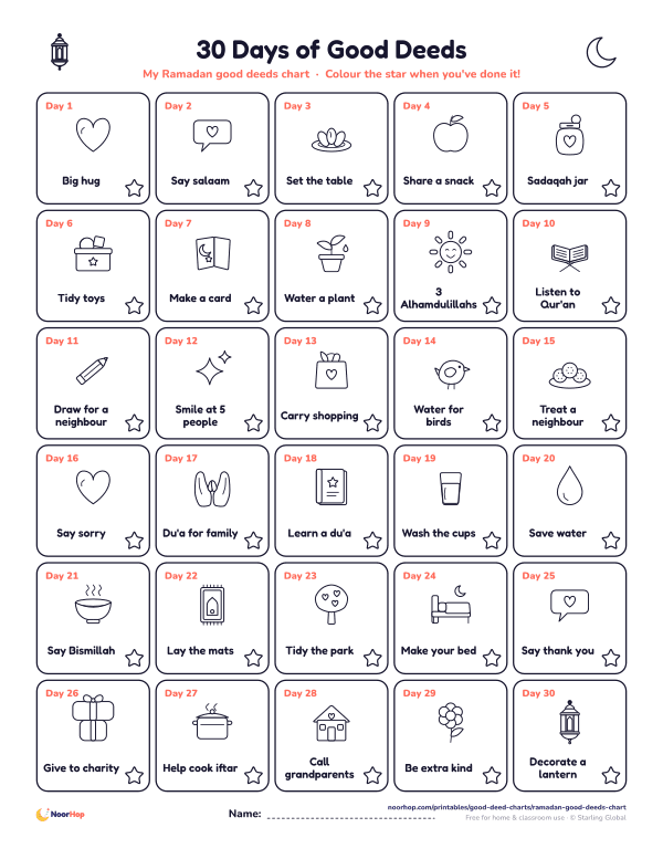 Ramadan 30-day good deeds chart for kids with a picture deed and a star in each daily square