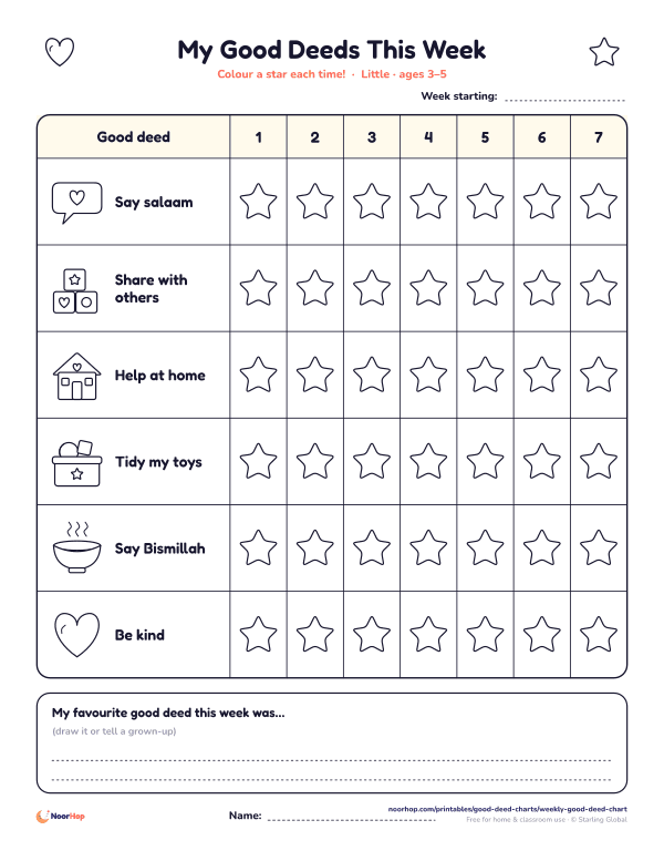 Weekly good deeds chart for kids with picture rows for saying salaam, sharing and helping, and stars to colour