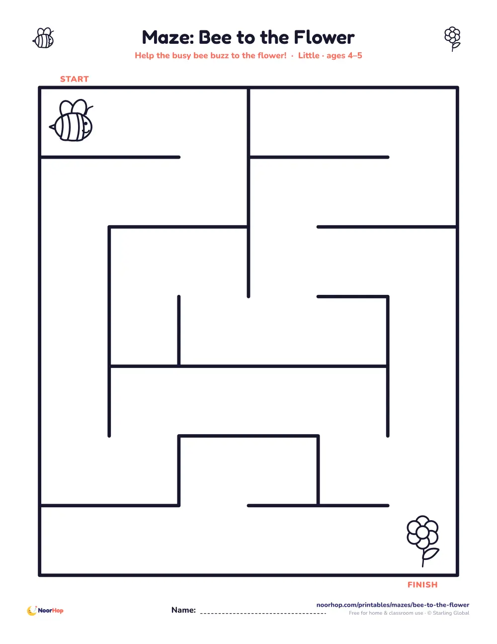 Bee to the flower maze for kids: start at the bee and find the path to the flower
