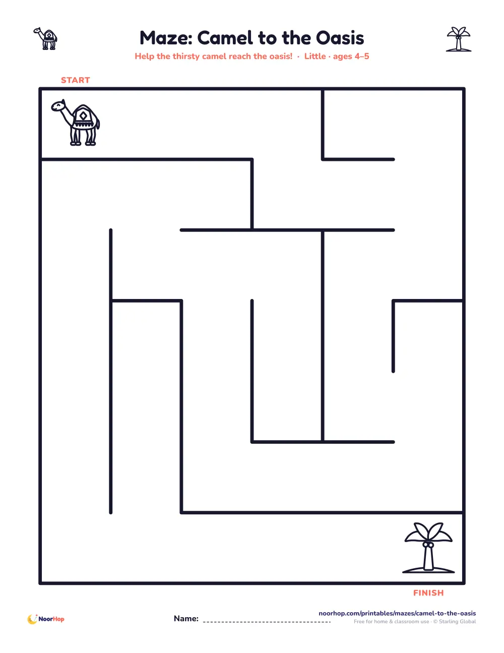 Camel to the oasis maze for kids: start at the camel and find the path to the oasis