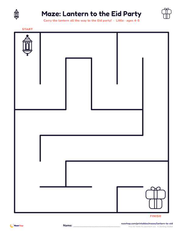 Lantern to the Eid party maze for kids: start at the lantern and find the path to the eid party