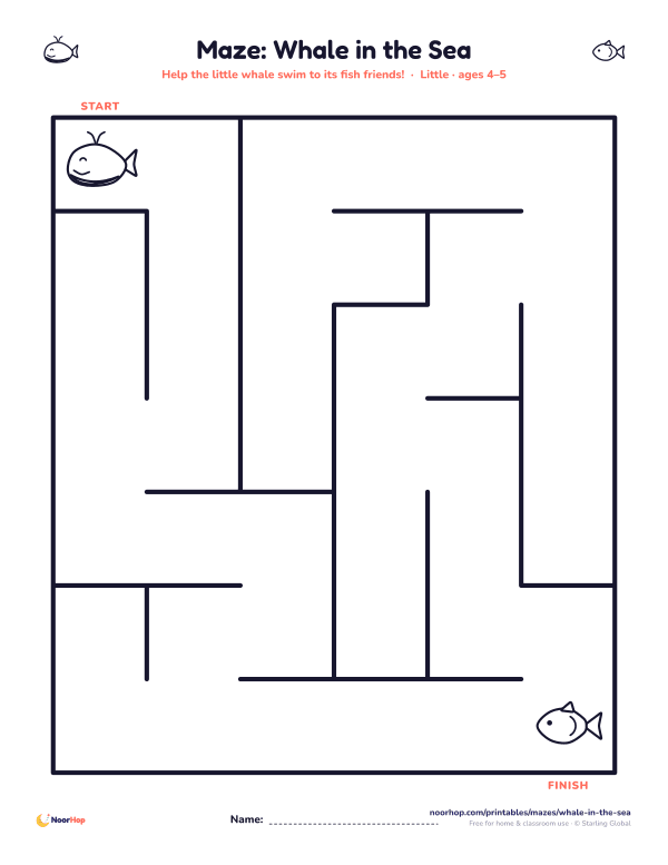 Whale in the sea maze for kids: start at the whale and find the path to the fish friends