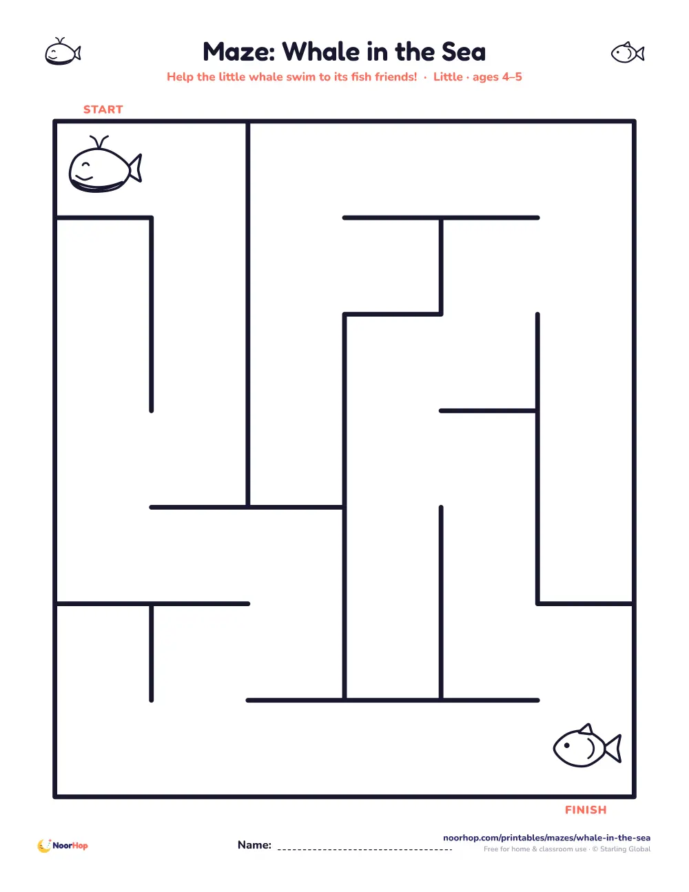 Whale in the sea maze for kids: start at the whale and find the path to the fish friends
