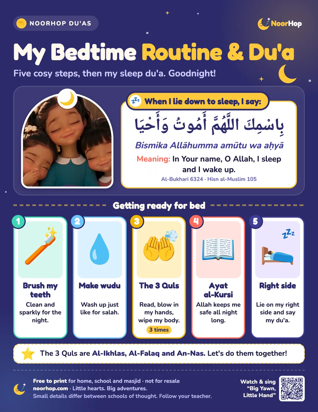Bedtime routine and du'a poster on a night-sky background with sleepy children, the sleep du'a in Arabic and five bedtime step cards