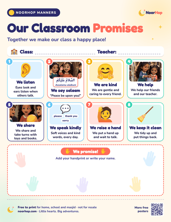 Our Classroom Promises poster with eight picture rules for children, a salaam card in Arabic, and a dotted box for handprints and names