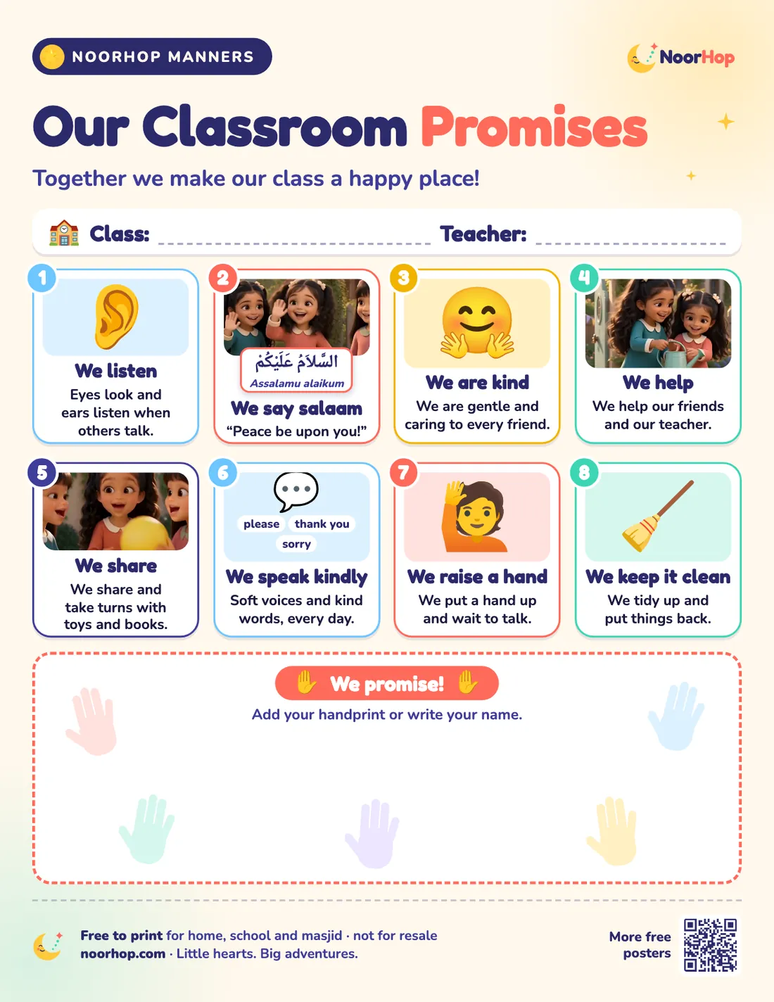 Our Classroom Promises poster with eight picture rules for children, a salaam card in Arabic, and a dotted box for handprints and names