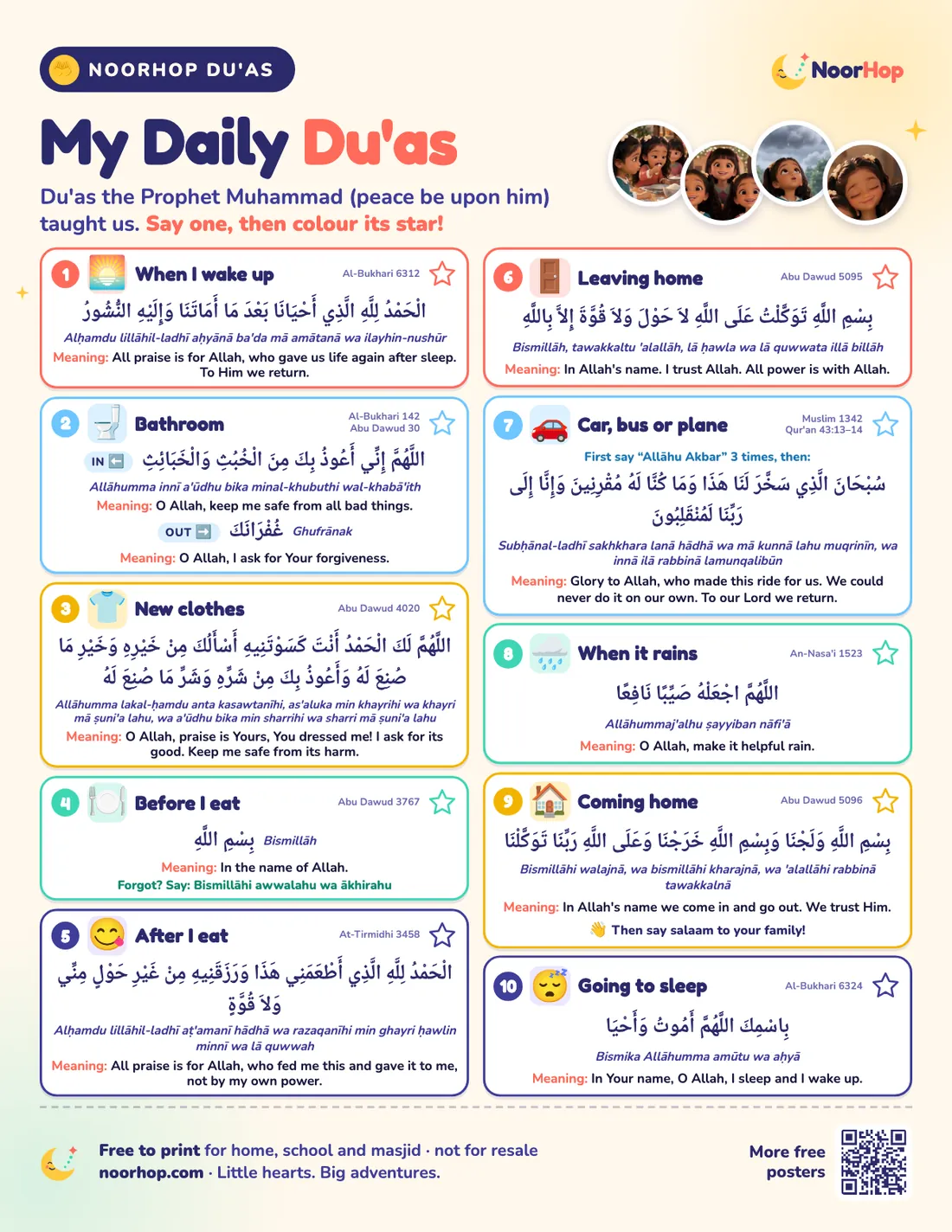 My daily du'as chart for kids with ten numbered du'a tiles in Arabic, transliteration and English, each with a star to colour in